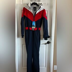 Women's Navy & Red All-in-One Belted
Waterproof One-Piece Ski Suit